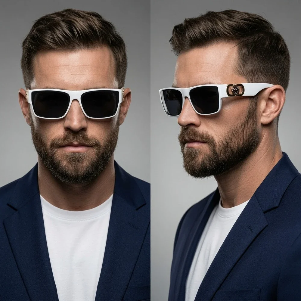 White Square Sunglasses Gold Lion Head Medallion Streetwear Shades Men Classic